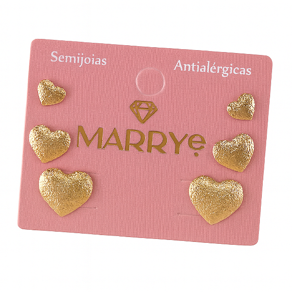 Brinco Semijoia TRIO Coração Texturizado