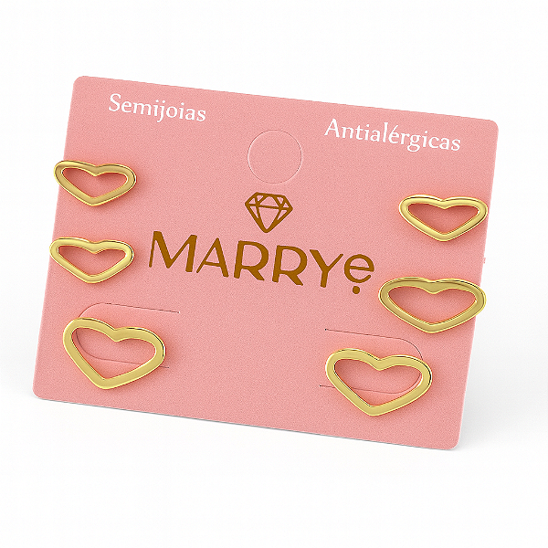 Brinco Semijoia TRIO Coração Vazado