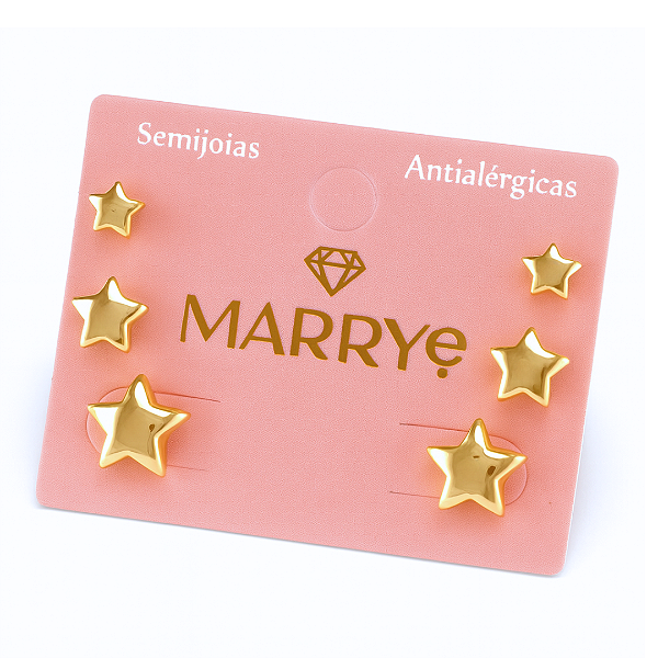 Brinco Semijoia TRIO Estrela Alto Relevo