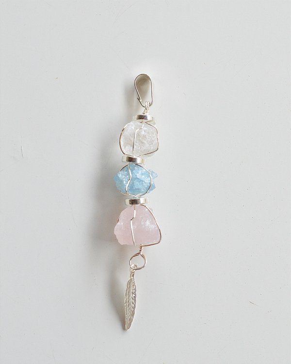 Pingente Cestinho Quartzo Rosa, Água Marinha e Cristal Bruto