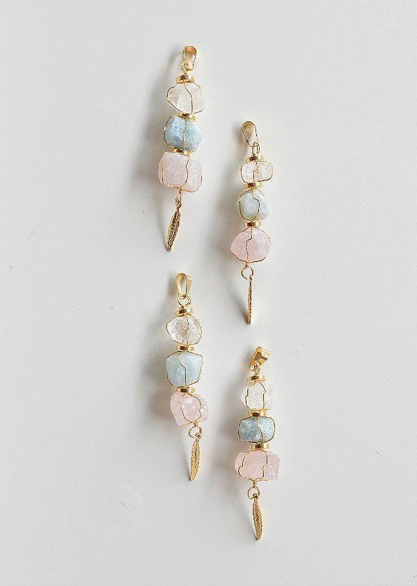 Pingente Cestinho Quartzo Rosa, Água Marinha e Cristal Bruto - Dourado
