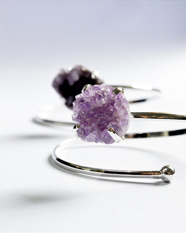 Bracelete Gaia de Drusa de Ametista Prateado - Intuição, Conexão, Espiritualidade e Eleva a Vibração