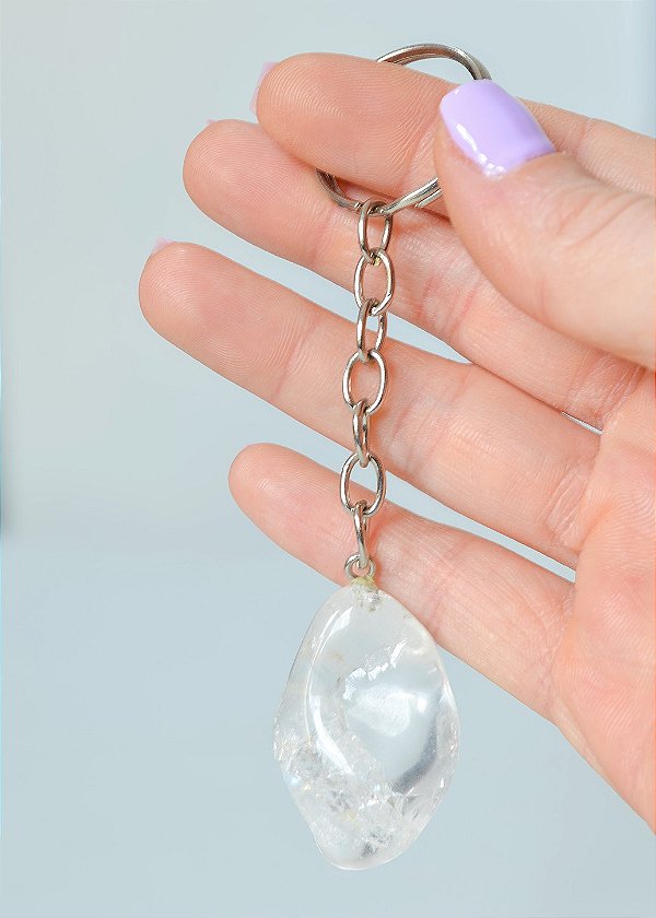 Chaveiro de Quartzo Cristal Rolado - Purificação, Energização e Intensificador