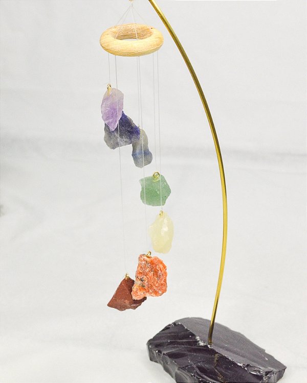 Mobile de Mesa com Pedras dos 7 Chakras - Base de Obsidiana Negra