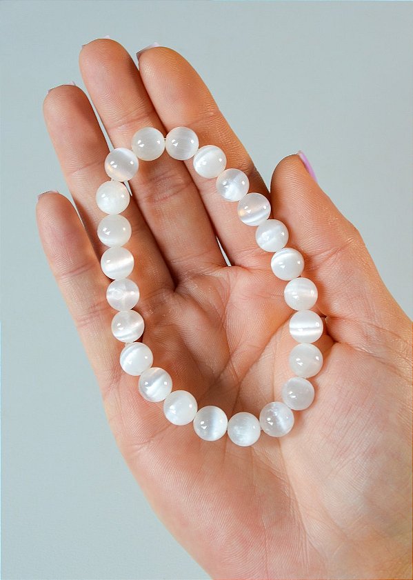Pulseira de Selenita Redonda 8mm - Limpeza Energética, Paz, Cansaço Mental e Alívio