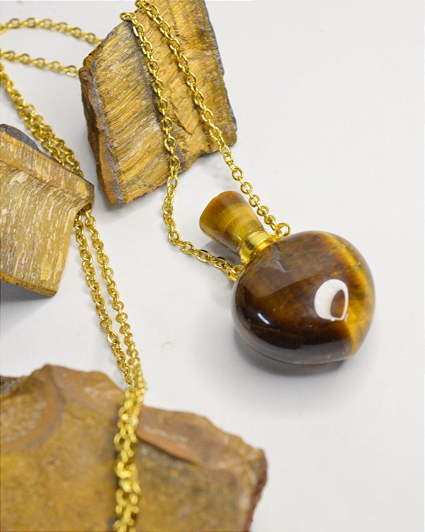 Colar Difusor de Olho de Tigre Dourado - Contra Inveja e Olhado, Autoconfiança e Determinação - Aço Inoxidável