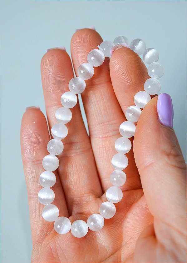 Pulseira de Selenita Redonda 6mm - Limpeza Energética, Paz de Espírito, Cansaço Mental e Dores