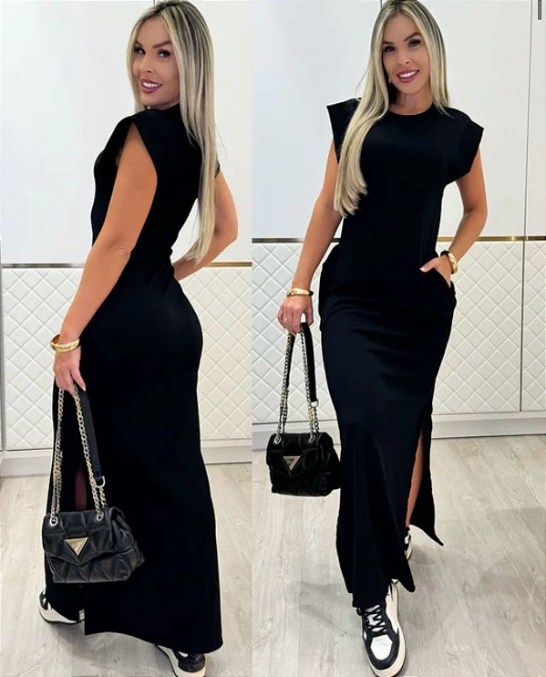 VESTIDO MUSCLETEE LONGO COM BOLSO E FENDA NA LATERAL
