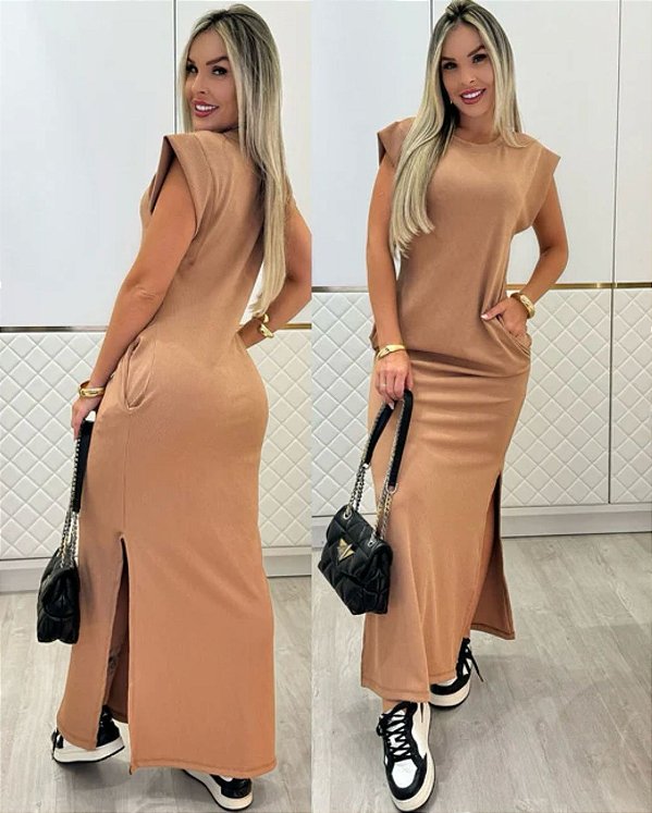 VESTIDO MUSCLETEE LONGO COM BOLSO E FENDA NA LATERAL