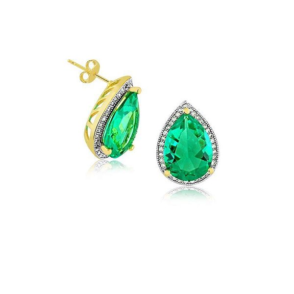 BRINCO GOTA FOLHEADO A OURO COM PEDRA TURMALINA VERDE COM PEDRAS DE ZIRCÔNIAS