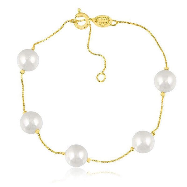 PULSEIRA COM PÉROLAS SHEL 8MM E CORRENTE VENEZIANA FINA FOLHEADA A OURO