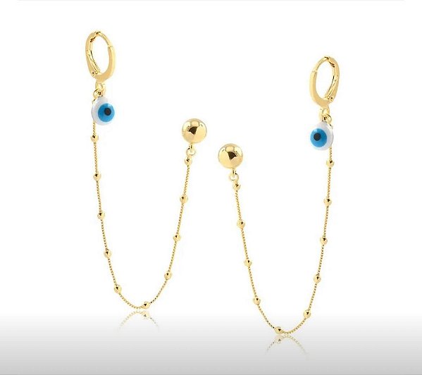 Brinco Piercing Com Corrente Bolinhas E Olho Grego Folheado A Ouro