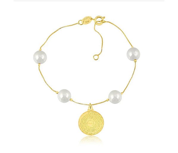 PULSEIRA COM PÉROLAS SHEL 8MM E CORRENTE VENEZIANA FINA COM PINGENTE PAI NOSSO FOLHEADA A OURO