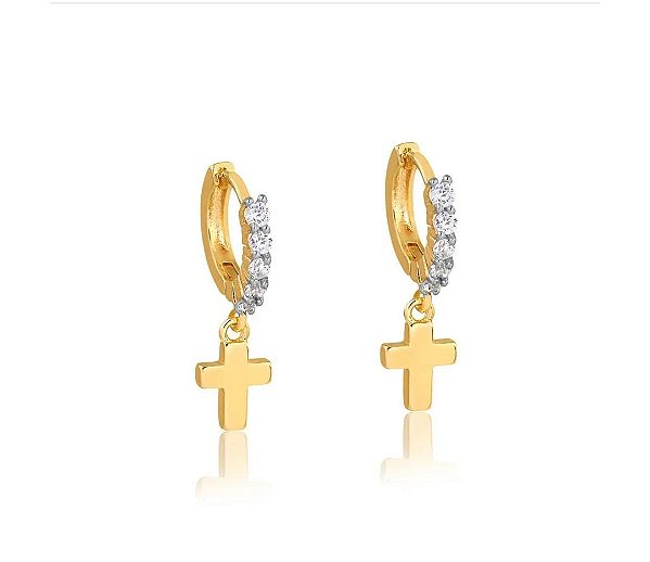 BRINCO MINI CLICK COM CRUCIFIXO E PEDRAS DE ZIRCONIAS FOLHEADO A OURO