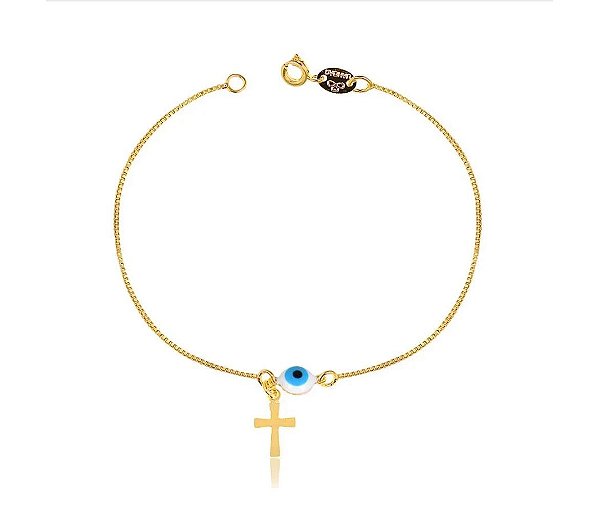 PULSEIRA OLHO GREGO COM CRUCIFIXO FOLHEADA A OURO