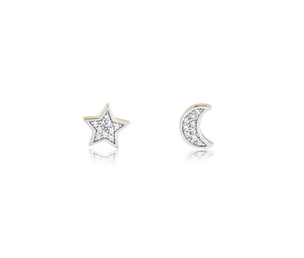 BRINCO METADE LUA METADE ESTRELA COM PEDRAS DE ZIRCONIAS FOLHEADO A OURO