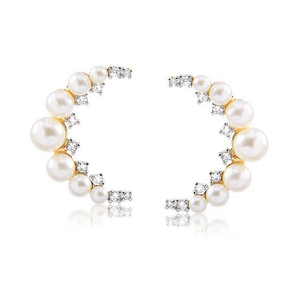 BRINCO EAR CUFF DELICADO MESCLADO PÉROLAS E PEDRAS DE ZIRCÔNIAS FOLHEADO A OURO