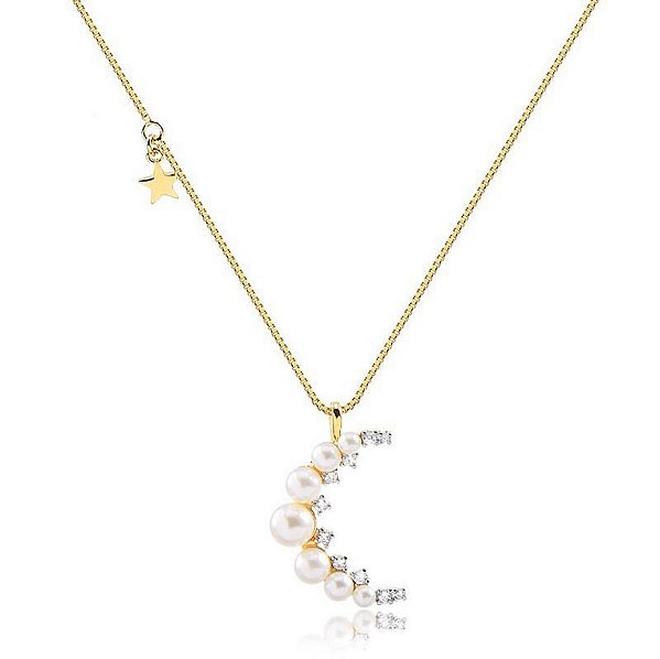 GARGANTILHA COM PINGENTE DELICADO MESCLADO PÉROLAS E PEDRAS DE ZIRCÔNIAS FOLHEADO A OURO