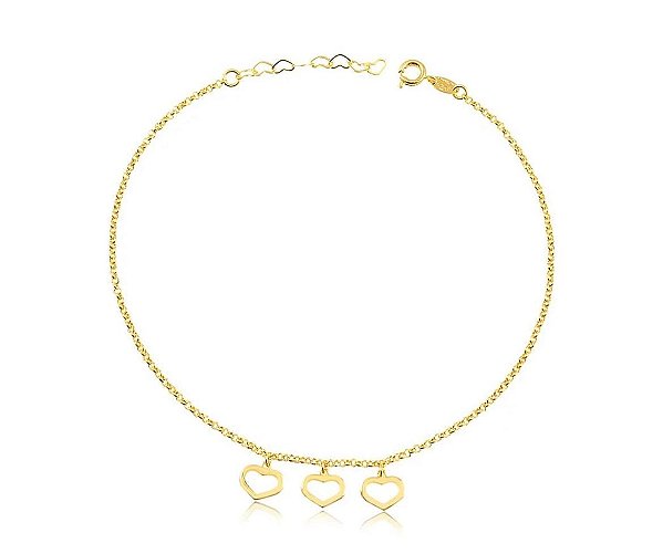 TORNOZELEIRA 3 CORAÇÕES VAZADOS FOLHEADO A OURO