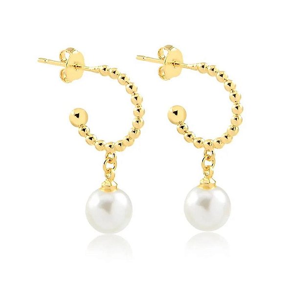 BRINCO MEIA ARGOLA COM BOLINHAS E PÉROLA FOLHEADO A OURO