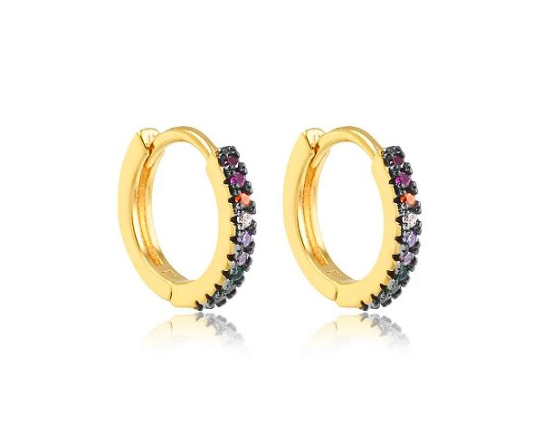 BRINCO ARGOLA CLICK GRANDE COM PEDRAS COLOR FOLHEADO A OURO