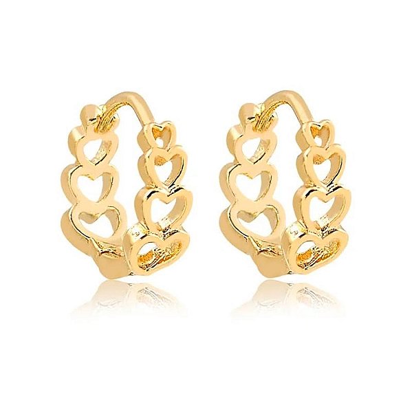 BRINCO ARGOLA CLICK LISA COM CORAÇÕES VAZADOS FOLHEADO A OURO