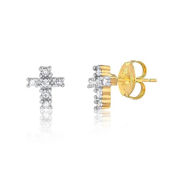 BRINCO MINI CRUCIFIXO COM PEDRAS DE ZIRCÔNIAS FOLHEADO A OURO