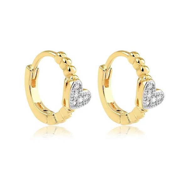 BRINCO CLICK CORAÇÃO COM BOLINHAS E PEDRAS DE ZIRCÔNIA FOLHEADO A OURO