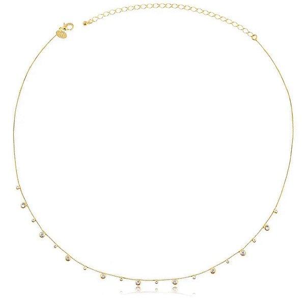 GARGANTILHA 40CM COM EXTENSOR DE 10CM PONTOS DE LUZ CRISTAL FOLHEADO A OURO