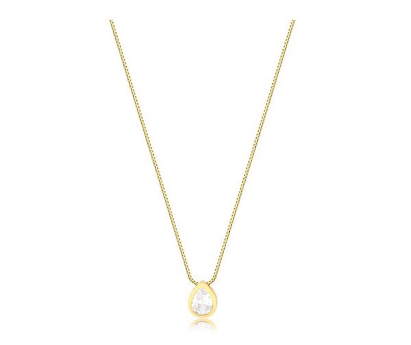 GARGANTILHA GOTA COM PEDRA DE ZIRCONIA CRISTAL FOLHEADA A OURO