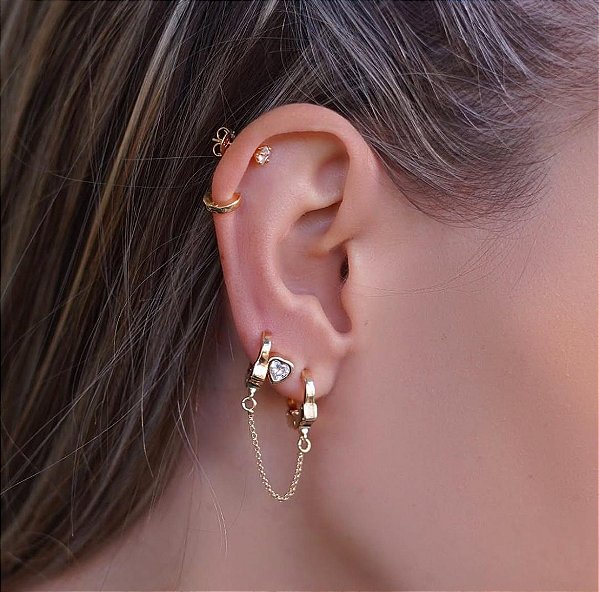 BRINCO PIERCING DUPLO DE ALGEMAS FOLHEADO A OURO