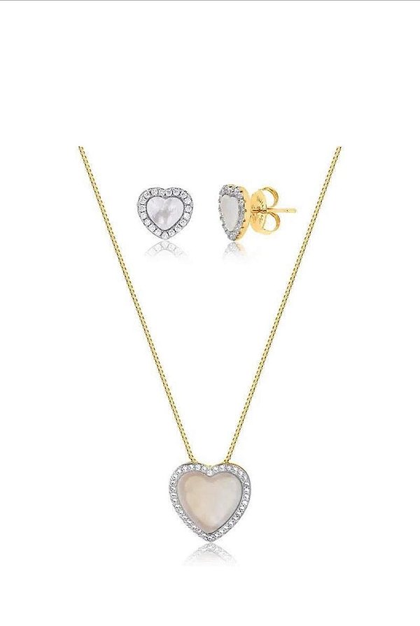 CONJUNTO CORAÇÃO EM MADRE PÉROLA COM PEDRAS DE ZIRCÔNIAS FOLHEADO A OURO