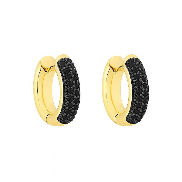 BRINCO ARGOLA CLICK PEQUENA COM PEDRAS DE ZIRCÔNIAS NEGRAS FOLHEADO A OURO
