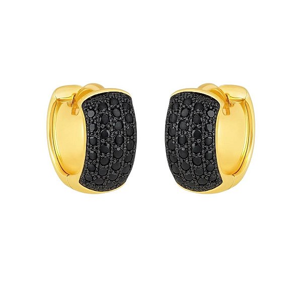 BRINCO ARGOLA CLICK COM PEDRAS DE ZIRCÔNIAS NEGRA FOLHEADO A OURO