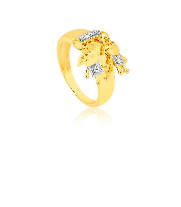 ANEL COM DOIS PINGENTES MENINOS COM PEDRAS DE ZIRCÔNIAS FOLHEADO A OURO