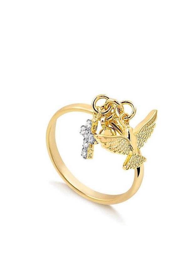 ANEL ESPÍRITO SANTO E CRUZ COM PEDRAS DE ZIRCÔNIAS FOLHEADO A OURO