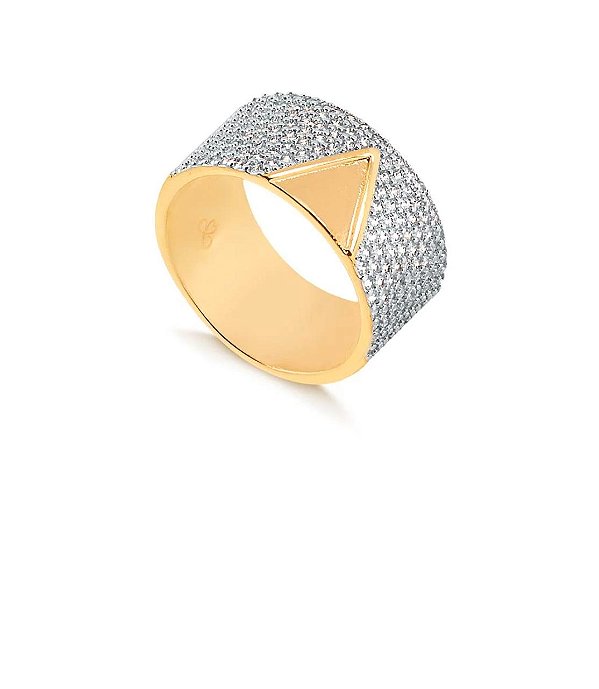 ANEL LARGO CRAVEJADO COM PEDRAS DE ZIRCONIAS E TRIANGULO LISO FOLHEADO A OURO