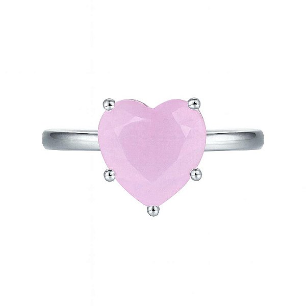 ANEL CORAÇÃO QUARTZO ROSA FOLHEADO A RÓDIO BRANCO