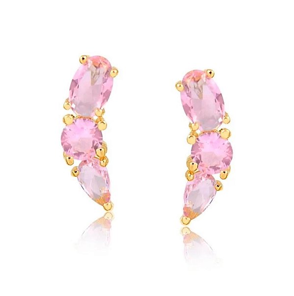 BRINCO MINI EAR CUFF COM PEDRA DE ZIRCÔNIA ROSA FOLHEADO A OURO