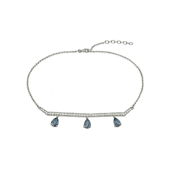 GARGANTILHA CHOKER COM ZIRCÔNIAS EM CRISTAL E PINGENTES EM GOTA AZUL CLARO FOLHEADO A RÔDIO BRANCO