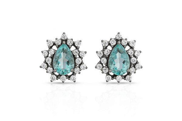 BRINCO GOTINHA TURMALINA CRAVEJADA DE ZIRCÔNIA FOLHEADO A RÔDIO NEGRO