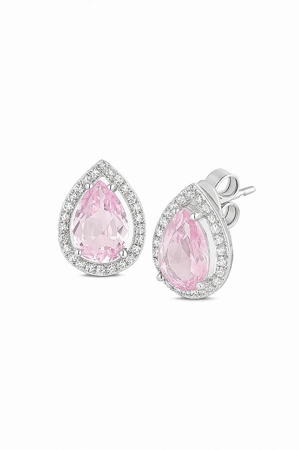 BRINCO GOTA ZIRCÔNIA ROSA FOLHEADO A RÔDIO BRANCO