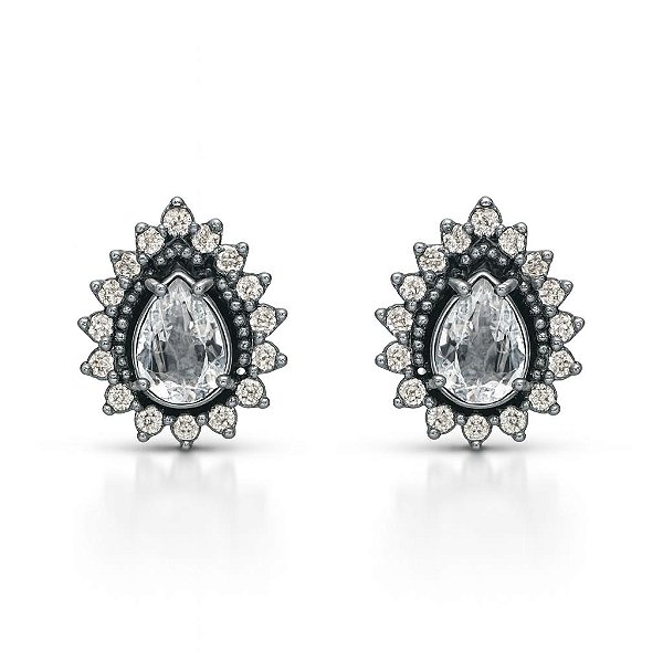 BRINCO GOTINHA 2 EM 1 CRISTAL CRAVEJADO DE ZIRCÔNIA FOLHEADO A RÔDIO NEGRO