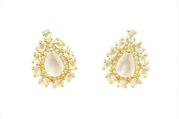 BRINCO GOTA ROSA LEITOSO CRAVEJADO DE ZIRCÔNIA FOLHEADO A OURO