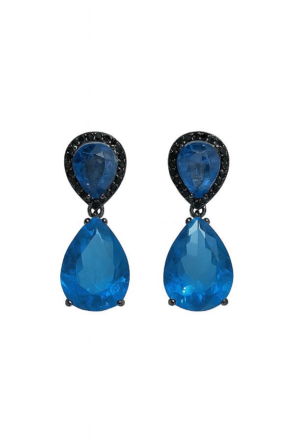 BRINCO GOTAS DE SAFIRA E DESIGN SOFISTICADO FOLHADO A RÔDIO NEGRO
