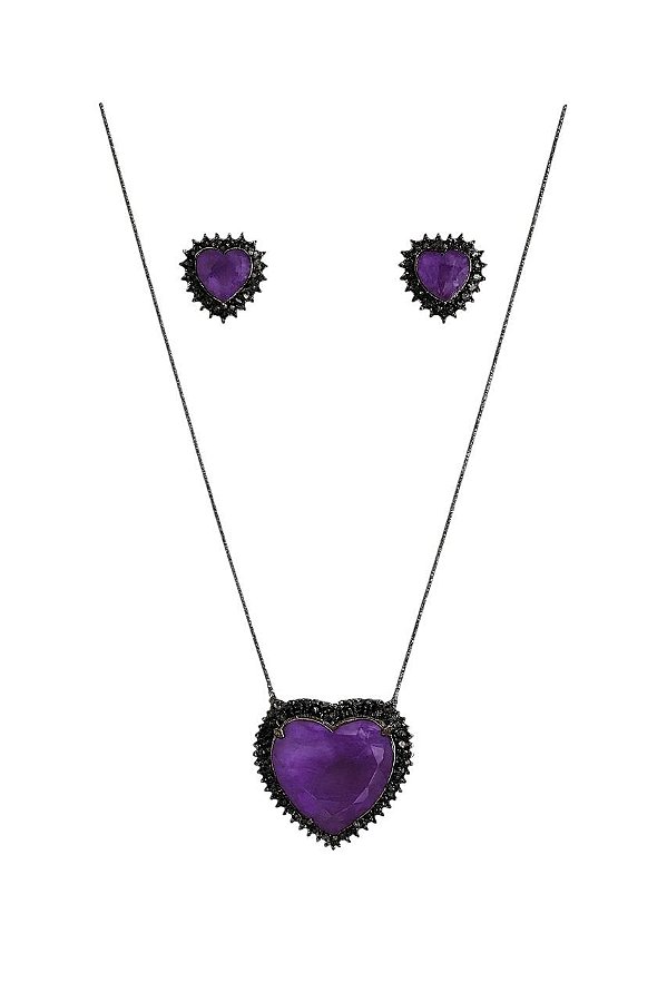 CONJUNTO CORAÇÃO PEDRA DE ZIRCÔNIA AMETISTA FOLHEADO A RÔDIO NEGRO