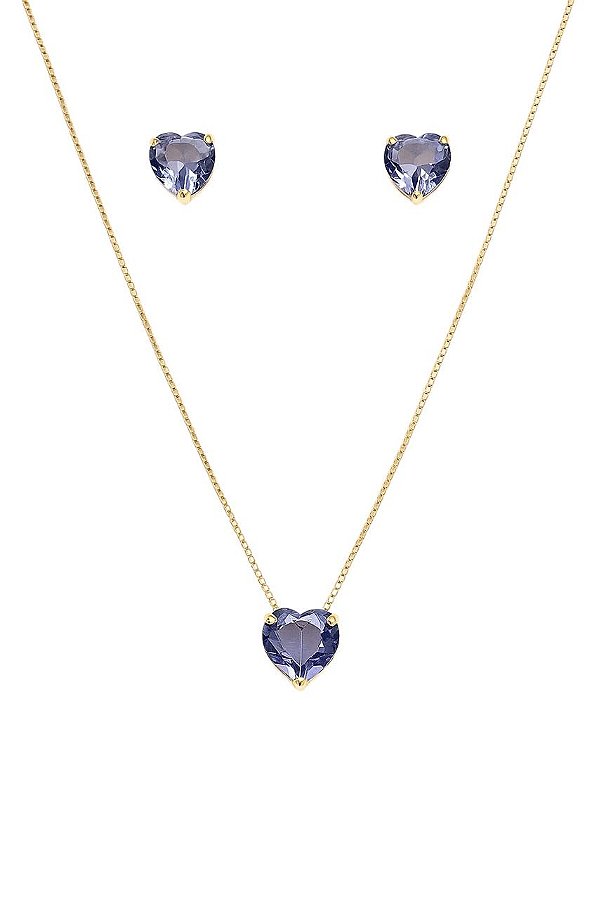 CONJUNTO CORAÇÃO PEDRA DE ZIRCÔNIA LILÁS FOLHEADO A OURO