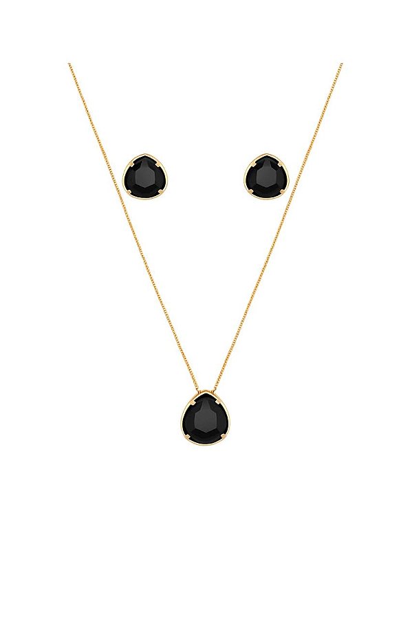 CONJUNTO GOTA PEDRA NATURAL TURMALINA NEGRA FOLHEADO A OURO