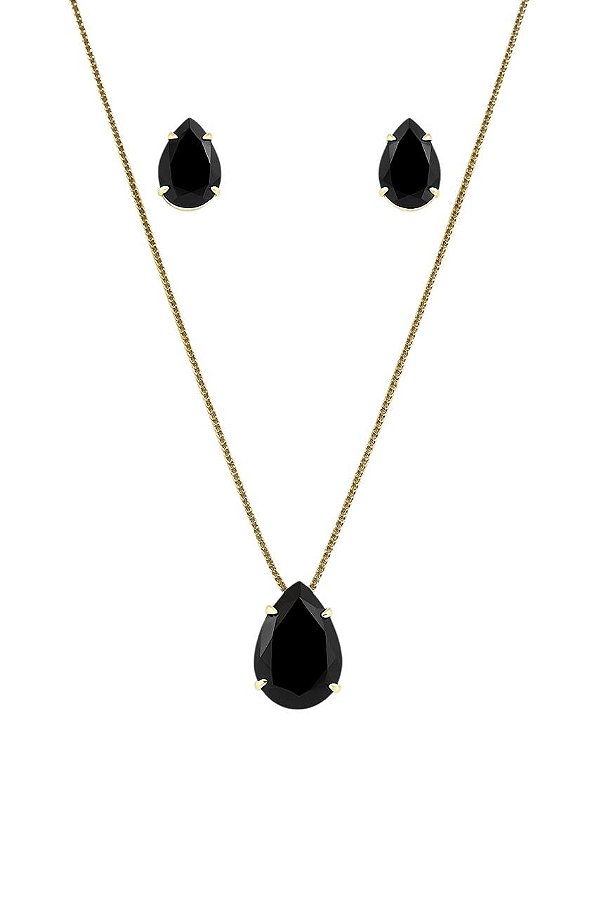 CONJUNTO GOTA ZIRCÔNIA NEGRA FOLHEADO A OURO