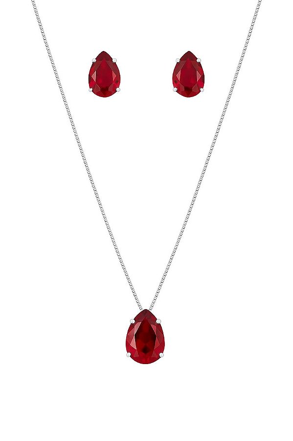 CONJUNTO GOTA ZIRCÔNIA VERMELHO FOLHEADO A PRATA